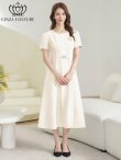 画像5: [送料無料][GINZA COUTURE]アイボリー・ピンク・ネイビー・ワンカラー・シンプル・フラワーモチーフ・半袖・ベルト付き・Aライン・フレア・ミディアムドレス・ワンピース[即日発送][大きいサイズあり] (5)
