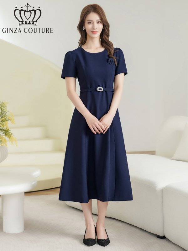 画像1: [送料無料][GINZA COUTURE]ネイビー・アイボリー・ピンク・ワンカラー・シンプル・フラワーモチーフ・半袖・ベルト付き・Aライン・フレア・ミディアムドレス・ワンピース[即日発送][大きいサイズあり] (1)