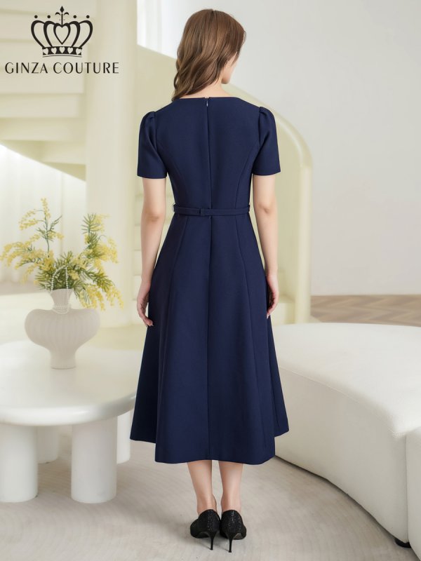 画像3: [送料無料][GINZA COUTURE]ネイビー・アイボリー・ピンク・ワンカラー・シンプル・フラワーモチーフ・半袖・ベルト付き・Aライン・フレア・ミディアムドレス・ワンピース[即日発送][大きいサイズあり] (3)