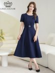 画像5: [送料無料][GINZA COUTURE]ネイビー・アイボリー・ピンク・ワンカラー・シンプル・フラワーモチーフ・半袖・ベルト付き・Aライン・フレア・ミディアムドレス・ワンピース[即日発送][大きいサイズあり] (5)