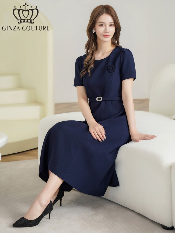 画像6: [送料無料][GINZA COUTURE]ネイビー・アイボリー・ピンク・ワンカラー・シンプル・フラワーモチーフ・半袖・ベルト付き・Aライン・フレア・ミディアムドレス・ワンピース[即日発送][大きいサイズあり] (6)