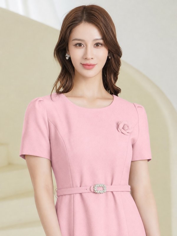 画像10: [送料無料][GINZA COUTURE]アイボリー・ピンク・ネイビー・ワンカラー・シンプル・フラワーモチーフ・半袖・ベルト付き・Aライン・フレア・ミディアムドレス・ワンピース[即日発送][大きいサイズあり] (10)