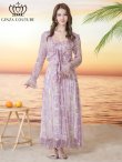 画像11: [送料無料][GINZA COUTURE]イエロー・パープル・シフォン・プリント・キャミソール・Vネック・ラインストーン・ペプラム・Aライン・ロングドレス[即日発送][大きいサイズあり (11)
