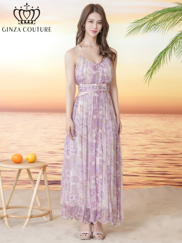 画像12: [送料無料][GINZA COUTURE]イエロー・パープル・シフォン・プリント・キャミソール・Vネック・ラインストーン・ペプラム・Aライン・ロングドレス[即日発送][大きいサイズあり (12)
