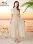 画像1: [送料無料][GINZA COUTURE]イエロー・パープル・シフォン・プリント・キャミソール・Vネック・ラインストーン・ペプラム・Aライン・ロングドレス[即日発送][大きいサイズあり (1)