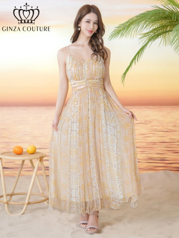 画像1: [送料無料][GINZA COUTURE]イエロー・パープル・シフォン・プリント・キャミソール・Vネック・ラインストーン・ペプラム・Aライン・ロングドレス[即日発送][大きいサイズあり (1)