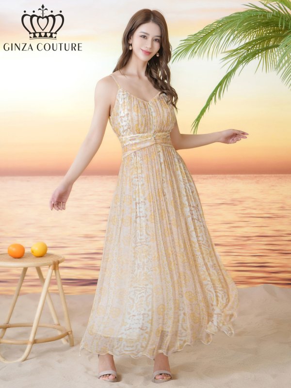 画像2: [送料無料][GINZA COUTURE]イエロー・パープル・シフォン・プリント・キャミソール・Vネック・ラインストーン・ペプラム・Aライン・ロングドレス[即日発送][大きいサイズあり (2)