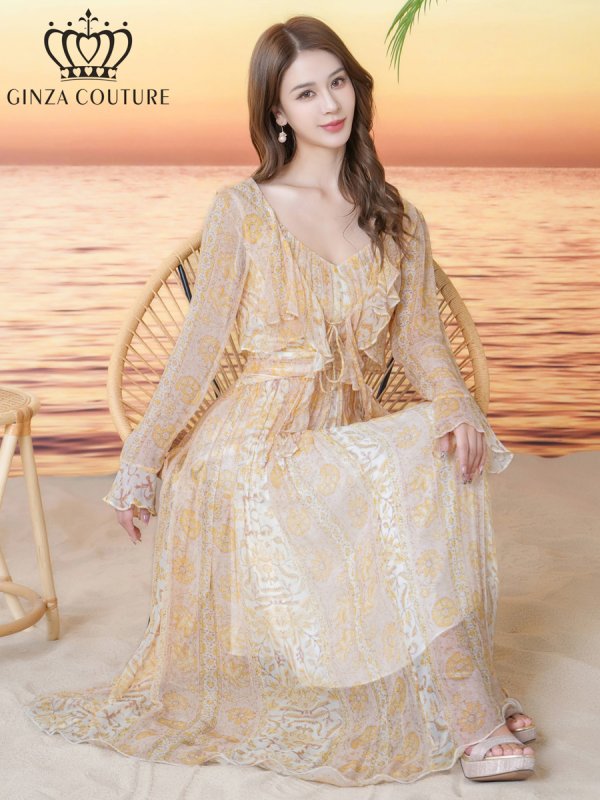 画像6: [送料無料][GINZA COUTURE]イエロー・パープル・シフォン・プリント・キャミソール・Vネック・ラインストーン・ペプラム・Aライン・ロングドレス[即日発送][大きいサイズあり (6)