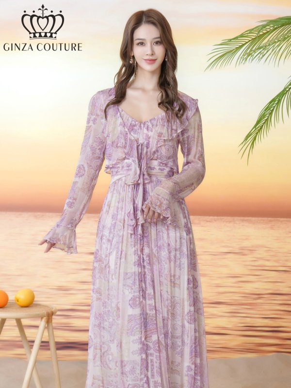 画像4: [送料無料][GINZA COUTURE]イエロー・パープル・シフォン・プリント・フリル・長袖・ボレロ[即日発送][大きいサイズあり] (4)