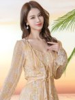 画像2: [送料無料][GINZA COUTURE]イエロー・パープル・シフォン・プリント・フリル・長袖・ボレロ[即日発送][大きいサイズあり] (2)