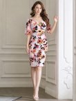 画像6: [SALE品のため返品不可][GINZA COUTURE]ピンク・ブルー・カシュクール風・リボン・花柄・パステル・五分袖・ミディアムドレス・ワンピース[即日発送][大きいサイズあり] (6)