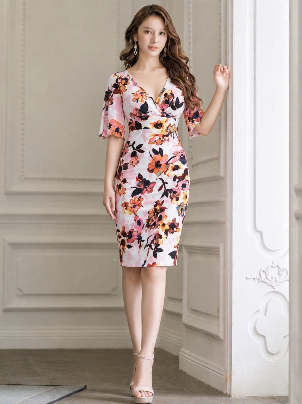 画像6: [SALE品のため返品不可][GINZA COUTURE]ピンク・ブルー・カシュクール風・リボン・花柄・パステル・五分袖・ミディアムドレス・ワンピース[即日発送][大きいサイズあり] (6)