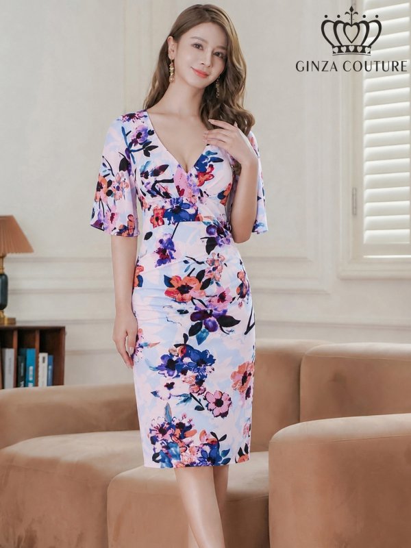画像8: [SALE品のため返品不可][GINZA COUTURE]ピンク・ブルー・カシュクール風・リボン・花柄・パステル・五分袖・ミディアムドレス・ワンピース[即日発送][大きいサイズあり] (8)