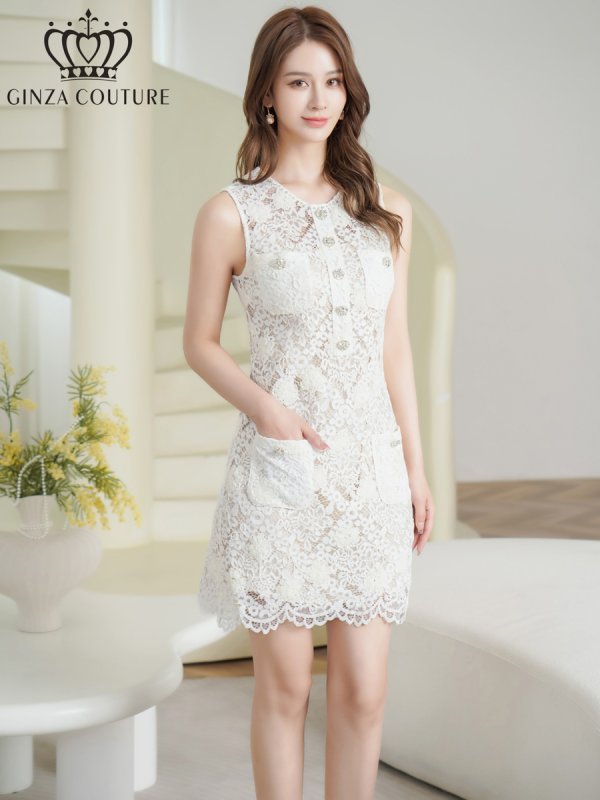画像2: [送料無料][GINZA COUTURE]ホワイト・グリーン・総レース・ビジューボタン・フェイクポケット・インナーキャミソール付き・タイト・ノースリーブ・ミニドレス・ワンピース[即日発送][大きいサイズあり] (2)
