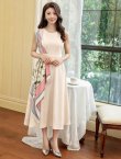 画像5: [送料無料][GINZA COUTURE]ベージュ・パープル・ネイビー・ホワイト・ブラック・レッド・スカーフ・ビジューボタン・ノースリーブ・Aライン・ワンカラー・ミディアムドレス・ワンピース[即日発送][大きいサイズあり] (5)
