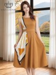画像11: [送料無料][GINZA COUTURE]マスタード・ブラウン・ピンク・パープル・ベージュ・ネイビー・ホワイト・ブラック・レッド・ワンカラー・スカーフポイント・ノースリーブ・Aライン・無・・ミディアムドレス・ワンピース[即日発送][大きいサイズあり] (11)