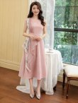 画像5: [送料無料][GINZA COUTURE]ピンク・パープル・ベージュ・ネイビー・ホワイト・ブラック・レッド・スカーフ・ビジューボタン・ノースリーブ・Aライン・ワンカラー・ミディアムドレス・ワンピース[即日発送][大きいサイズあり] (5)