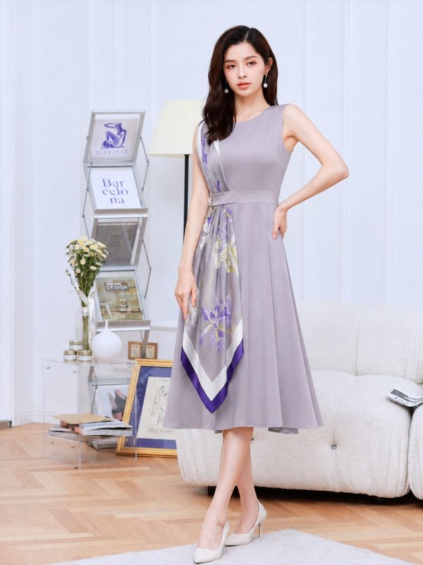 画像5: [送料無料][GINZA COUTURE]パープル・ネイビー・ベージュ・ホワイト・ブラック・レッド・スカーフ・ビジューボタン・ノースリーブ・Aライン・ワンカラー・ミディアムドレス・ワンピース[即日発送][大きいサイズあり] (5)