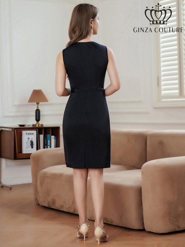 画像13: [送料無料][大きいサイズあり][GINZA COUTURE]ブラック・ブラウン・ワインレッド・トリコロールカラー・ノースリーブ・タイト・ベルト付き・ミニドレス・ワンピース[即日発送][大きいサイズあり] (13)