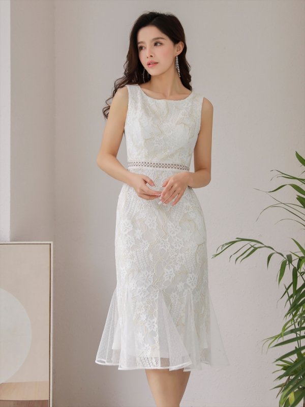 画像18: [送料無料][GINZA COUTURE]ブラウン・パープル・ピンク・ホワイト・レース・ノースリーブ・マーメイドライン・ミディアムドレス・ワンピース[即日発送][大きいサイズあり] (18)