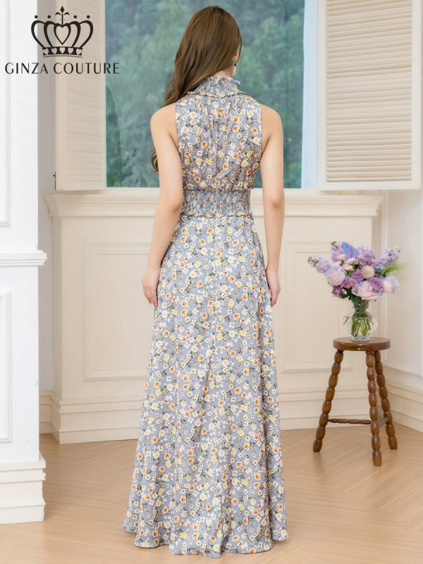 画像3: [送料無料][GINZA COUTURE]グレー×イエロー・プリント・サテン・首元フリル・ウエストマーク・マキシ・アメリカンスリーブ・Aライン・ロングドレス[即日発送][大きいサイズあり] (3)