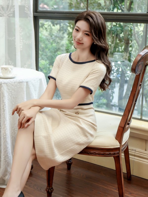 画像11: [送料無料][GINZA COUTURE]ブラック・ベージュ・ワインレッド・バイカラー・半袖・タイト・ミディアムドレス・ワンピース[即日発送][大きいサイズあり] (11)