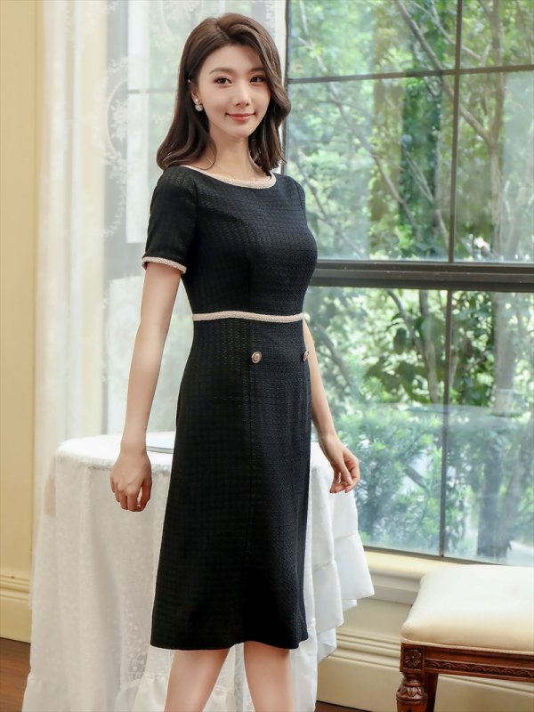 画像2: [送料無料][GINZA COUTURE]ブラック・ベージュ・ワインレッド・バイカラー・半袖・タイト・ミディアムドレス・ワンピース[即日発送][大きいサイズあり] (2)