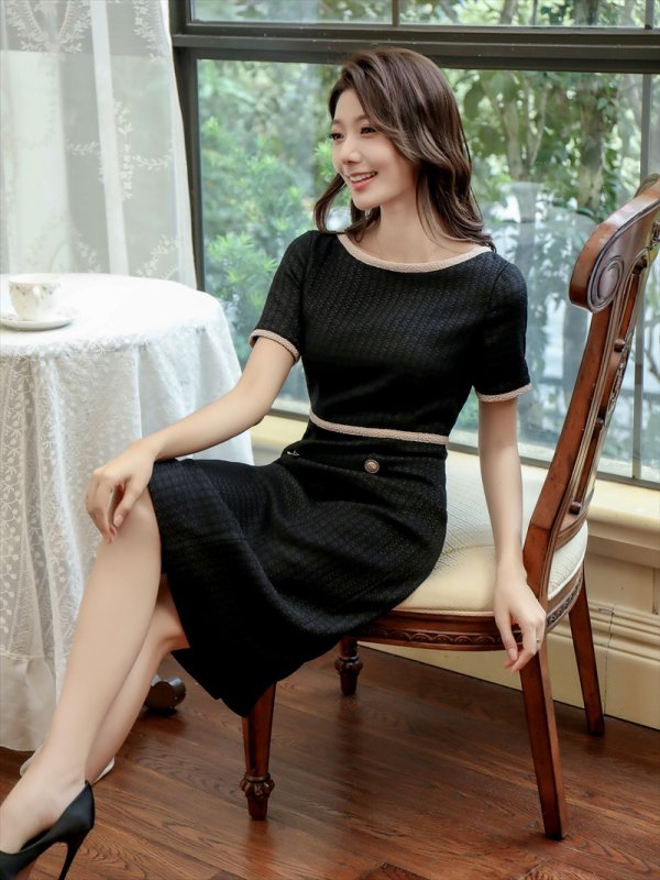 画像6: [送料無料][GINZA COUTURE]ブラック・ベージュ・ワインレッド・バイカラー・半袖・タイト・ミディアムドレス・ワンピース[即日発送][大きいサイズあり] (6)