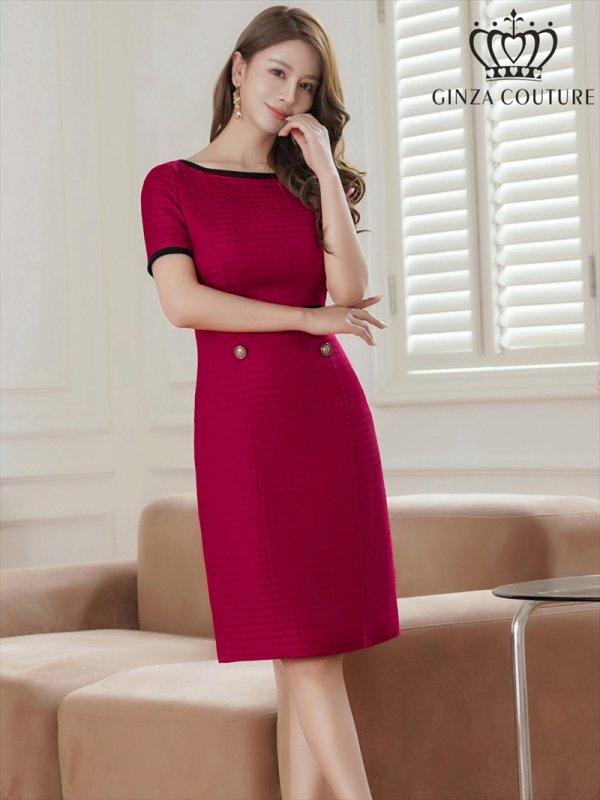 画像14: [送料無料][GINZA COUTURE]ブラック・ベージュ・ワインレッド・バイカラー・半袖・タイト・ミディアムドレス・ワンピース[即日発送][大きいサイズあり] (14)