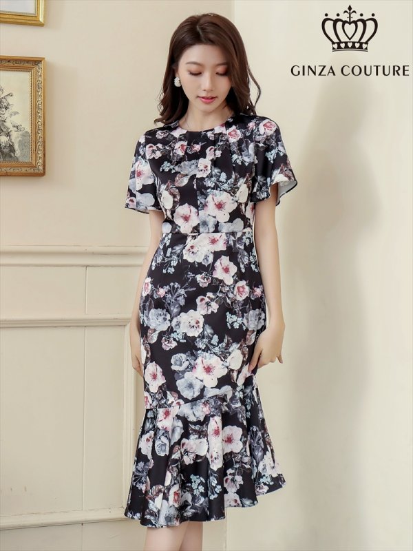 画像6: [送料無料][GINZA COUTURE]ブルー・ブラック・花柄・スリーブドレス・マーメイドライン・ミディアムドレス・ワンピース[即日発送][大きいサイズあり] (6)
