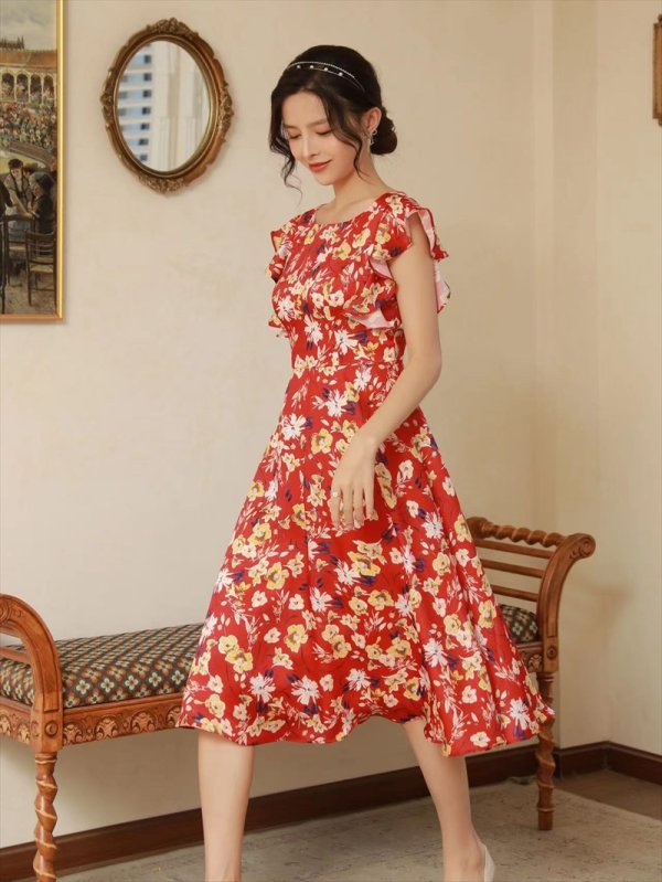 画像2: [送料無料][GINZA COUTURE]レッド・イエロー・小花柄・袖フリル・ウエスト切り替え・Aライン・フレア・ミディアムドレス・ワンピース[即日発送][大きいサイズあり] (2)