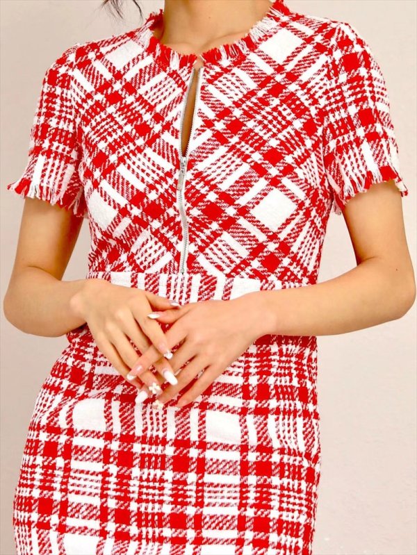 画像4: [送料無料][GINZA COUTURE]レッド・ピンク・ブラック・ツイード・チェック・半袖・ミニドレス・ワンピース[即日発送][大きいサイズあり] (4)