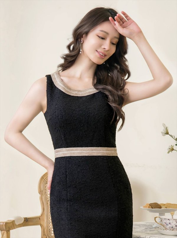 画像4: [送料無料][GINZA COUTURE]ブラック・バイカラー・ノースリーブ・切り替え・ツイード・タイト・ミディアムドレス・ワンピース[即日発送][大きいサイズあり] (4)