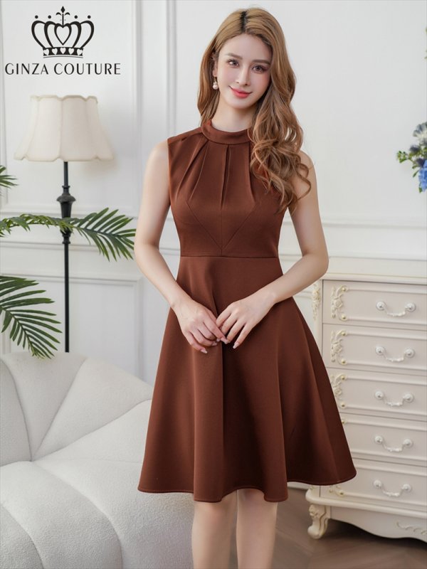 画像1: [送料無料][GINZA COUTURE]ブラウン・ワインレッド・イエロー・ロイヤルブルー・ホワイト・無地・シンプル・ノースリーブ・プチハイネック・ハイウエスト・Aライン・膝丈・ミニドレス・ワンピース[即日発送][大きいサイズあり] (1)