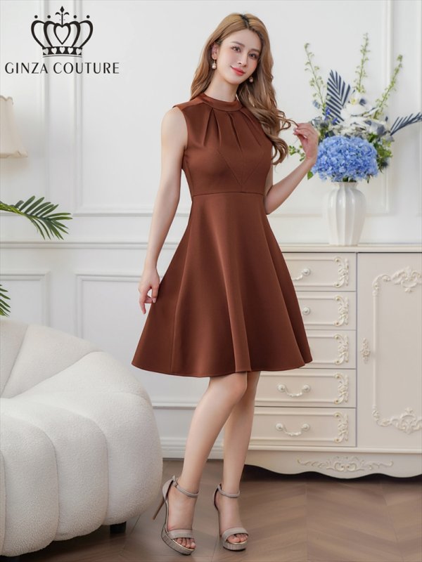 画像2: [送料無料][GINZA COUTURE]ブラウン・ワインレッド・イエロー・ロイヤルブルー・ホワイト・無地・シンプル・ノースリーブ・プチハイネック・ハイウエスト・Aライン・膝丈・ミニドレス・ワンピース[即日発送][大きいサイズあり] (2)