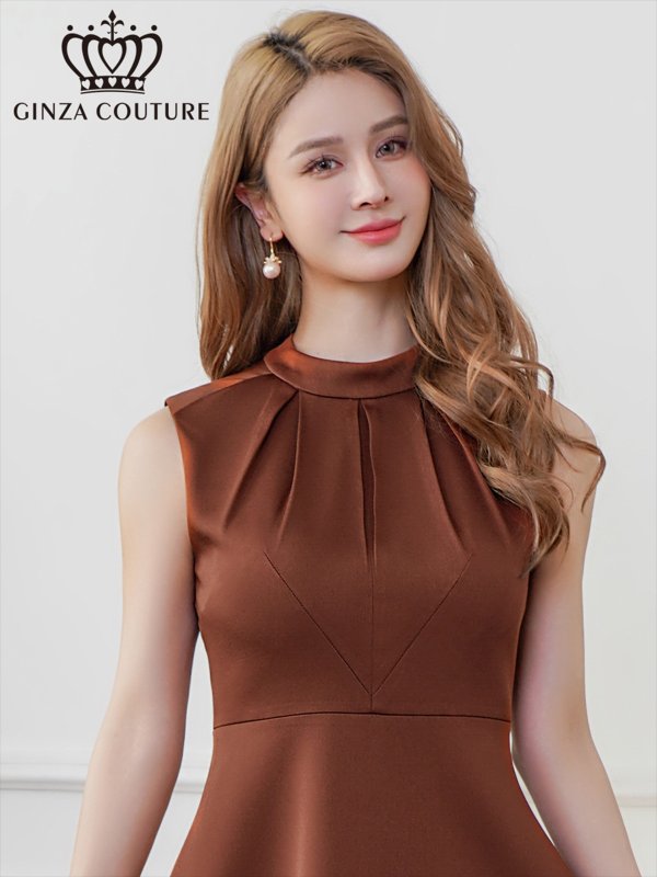 画像4: [送料無料][GINZA COUTURE]ブラウン・ワインレッド・イエロー・ロイヤルブルー・ホワイト・無地・シンプル・ノースリーブ・プチハイネック・ハイウエスト・Aライン・膝丈・ミニドレス・ワンピース[即日発送][大きいサイズあり] (4)
