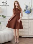 画像5: [送料無料][GINZA COUTURE]ブラウン・ワインレッド・イエロー・ロイヤルブルー・ホワイト・無地・シンプル・ノースリーブ・プチハイネック・ハイウエスト・Aライン・膝丈・ミニドレス・ワンピース[即日発送][大きいサイズあり] (5)