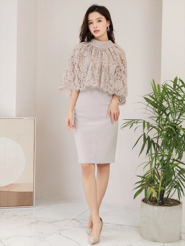 画像6: [送料無料][GINZA COUTURE]ベージュ・レースケープ・2WAY・膝丈・ノースリーブ・タイト・ミニドレス・ワンピース[即日発送][大きいサイズあり] (6)