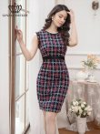 画像1: [送料無料][GINZA COUTURE]ネイビー・ベージュ・レッド・ツイード・チェック・タイト・ノースリーブ・ミディアムドレス・ワンピース[即日発送][大きいサイズあり] (1)