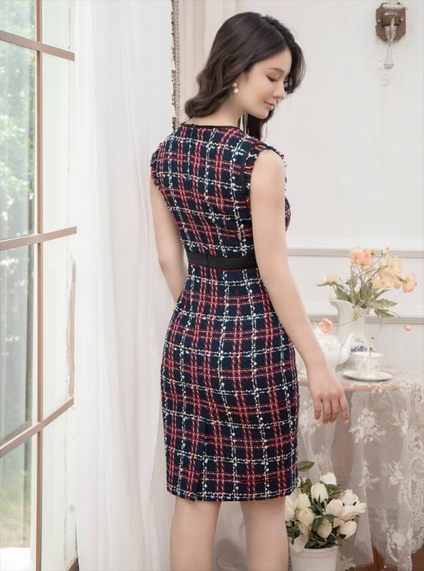 画像9: [送料無料][GINZA COUTURE]ベージュ・ネイビー・レッド・ツイード・チェック・タイト・ノースリーブ・ミディアムドレス・ワンピース[即日発送][大きいサイズあり] (9)