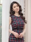 画像4: [送料無料][GINZA COUTURE]ネイビー・ベージュ・レッド・ツイード・チェック・タイト・ノースリーブ・ミディアムドレス・ワンピース[即日発送][大きいサイズあり] (4)