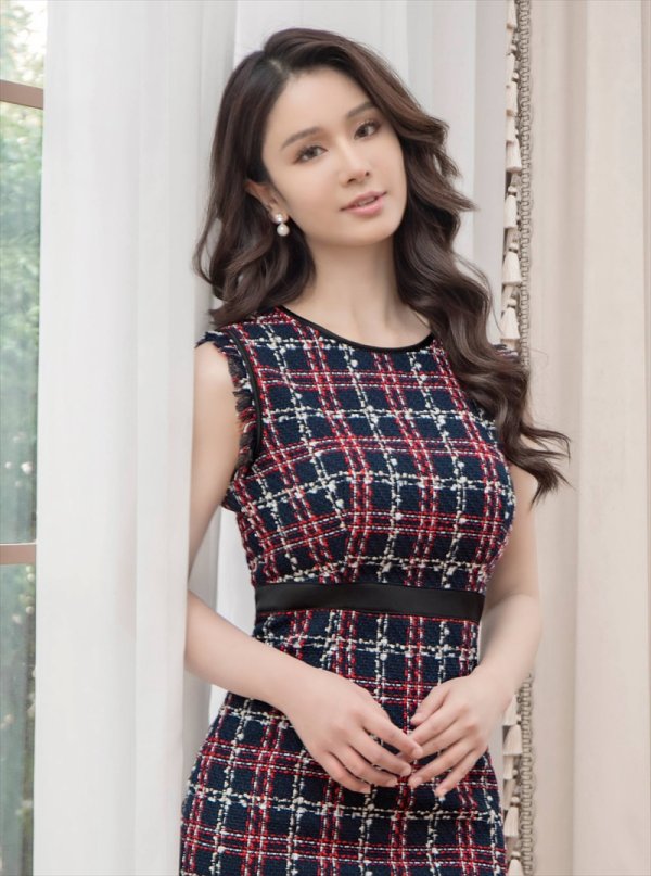 画像10: [送料無料][GINZA COUTURE]ベージュ・ネイビー・レッド・ツイード・チェック・タイト・ノースリーブ・ミディアムドレス・ワンピース[即日発送][大きいサイズあり] (10)