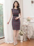 画像5: [送料無料][GINZA COUTURE]ネイビー・ベージュ・レッド・ツイード・チェック・タイト・ノースリーブ・ミディアムドレス・ワンピース[即日発送][大きいサイズあり] (5)