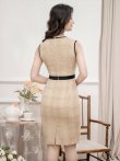 画像9: [送料無料][GINZA COUTURE]ネイビー・ベージュ・レッド・ツイード・チェック・タイト・ノースリーブ・ミディアムドレス・ワンピース[即日発送][大きいサイズあり] (9)