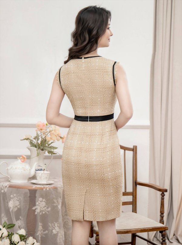 画像3: [送料無料][GINZA COUTURE]ベージュ・ネイビー・レッド・ツイード・チェック・タイト・ノースリーブ・ミディアムドレス・ワンピース[即日発送][大きいサイズあり] (3)