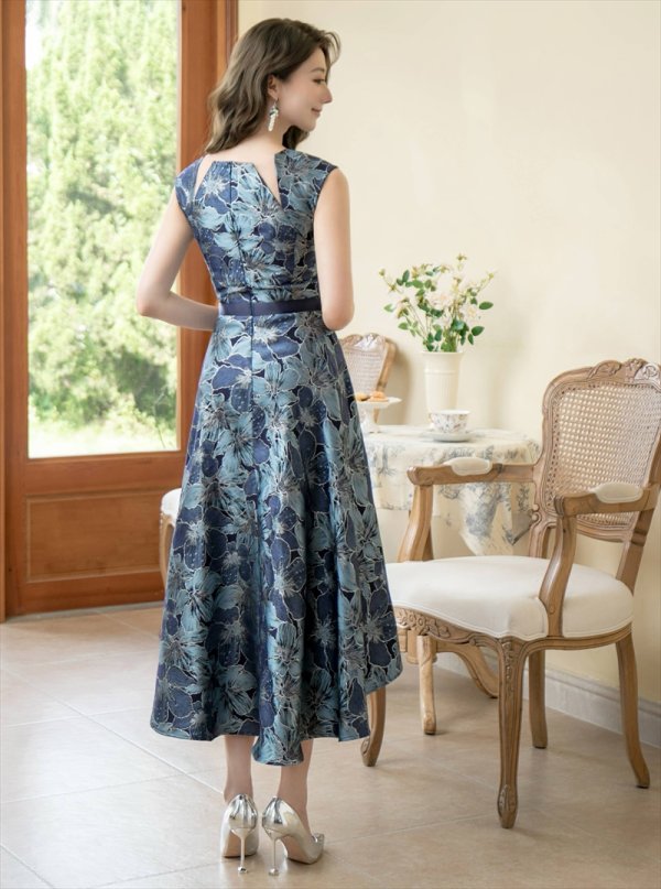 画像9: [送料無料][GINZA COUTURE]ピンク×シルバー・ネイビー・レッド・ジャガード・アシメントリー・ノースリーブ・フラワープリント・Aライン・ミディアムドレス・ワンピース[即日発送][大きいサイズあり] (9)