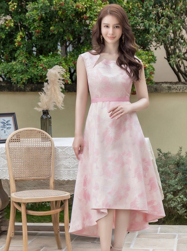 画像2: [送料無料][GINZA COUTURE]ピンク×シルバー・ネイビー・レッド・ジャガード・アシメントリー・ノースリーブ・フラワープリント・Aライン・ミディアムドレス・ワンピース[即日発送][大きいサイズあり] (2)