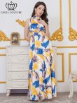 画像2: [送料無料][GINZA COUTURE]ホワイト×イエロー・ペイント柄・プリント・サテン・首元フリル・ウエストマーク・アメリカンスリーブ・マキシ・Aライン・ロングドレス[即日発送][大きいサイズあり] (2)