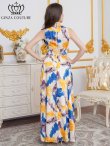 画像3: [送料無料][GINZA COUTURE]ホワイト×イエロー・ペイント柄・プリント・サテン・首元フリル・ウエストマーク・アメリカンスリーブ・マキシ・Aライン・ロングドレス[即日発送][大きいサイズあり] (3)