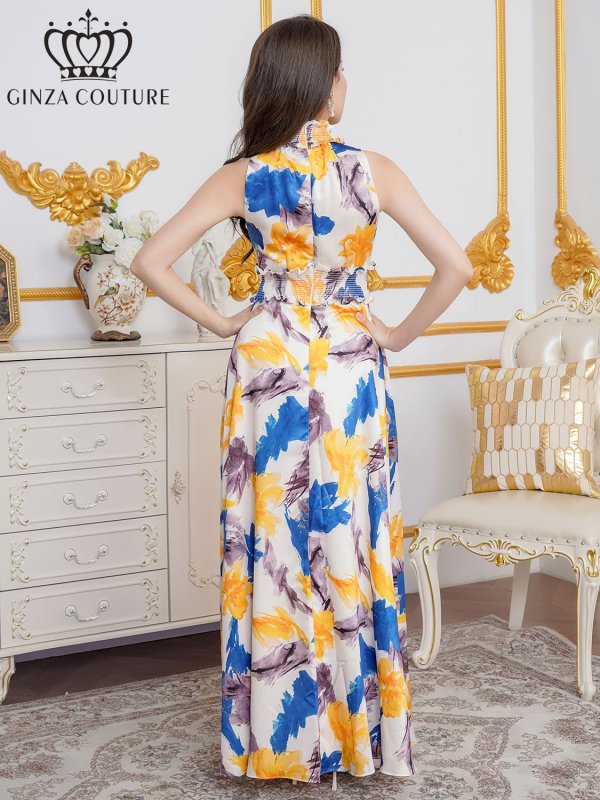 画像3: [送料無料][GINZA COUTURE]ホワイト×イエロー・ペイント柄・プリント・サテン・首元フリル・ウエストマーク・アメリカンスリーブ・マキシ・Aライン・ロングドレス[即日発送][大きいサイズあり] (3)